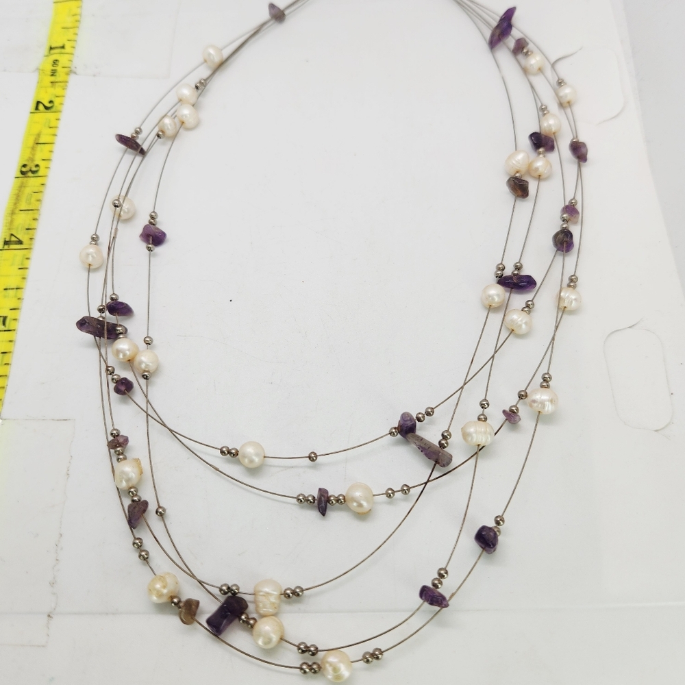 Vtg Y2k Floating Real Amethyst & Freshwater Pearl Gemstones Illusion Necklace